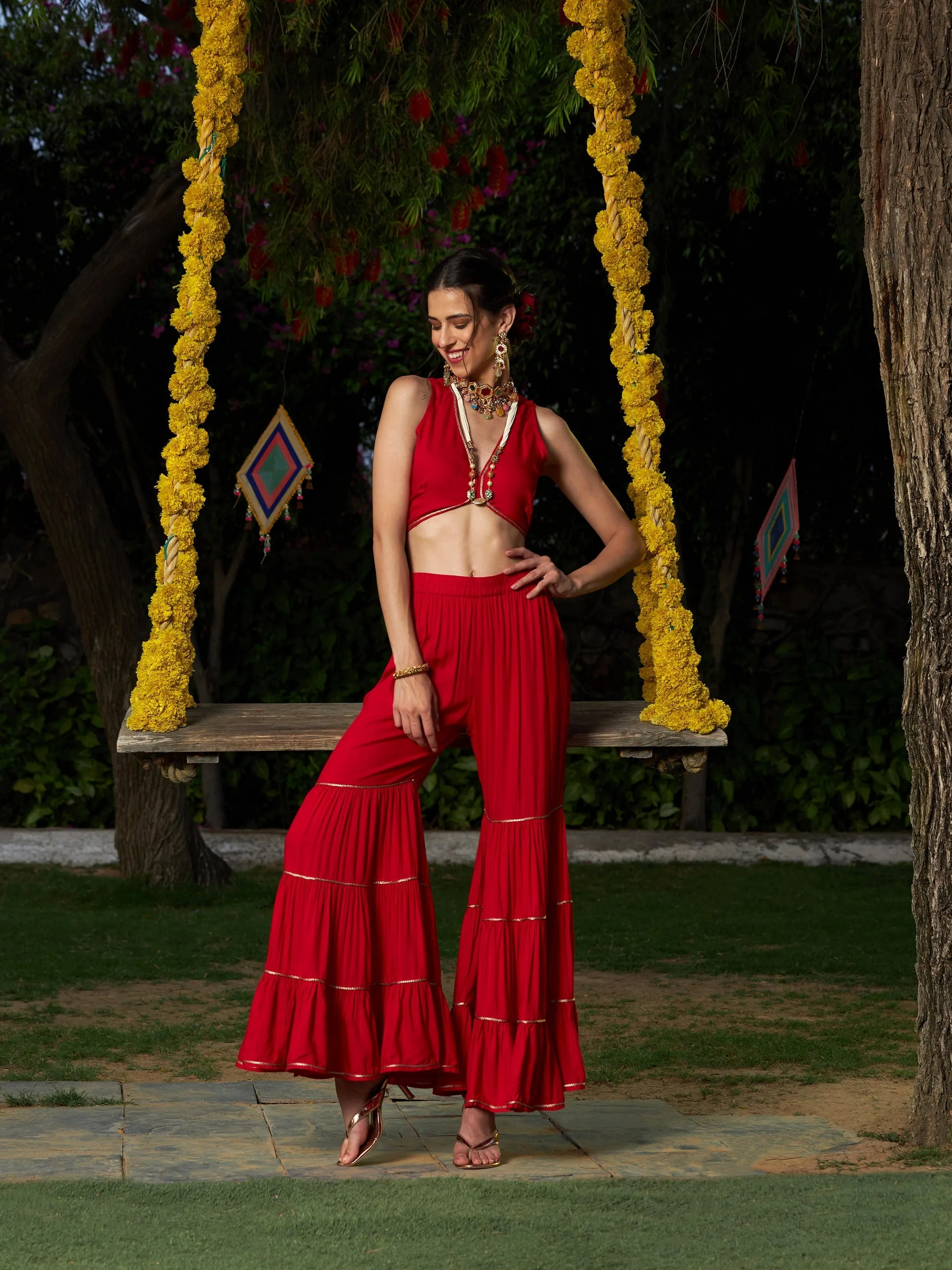 Women Red Crop Top With Tiered Sharara And Emb Cape