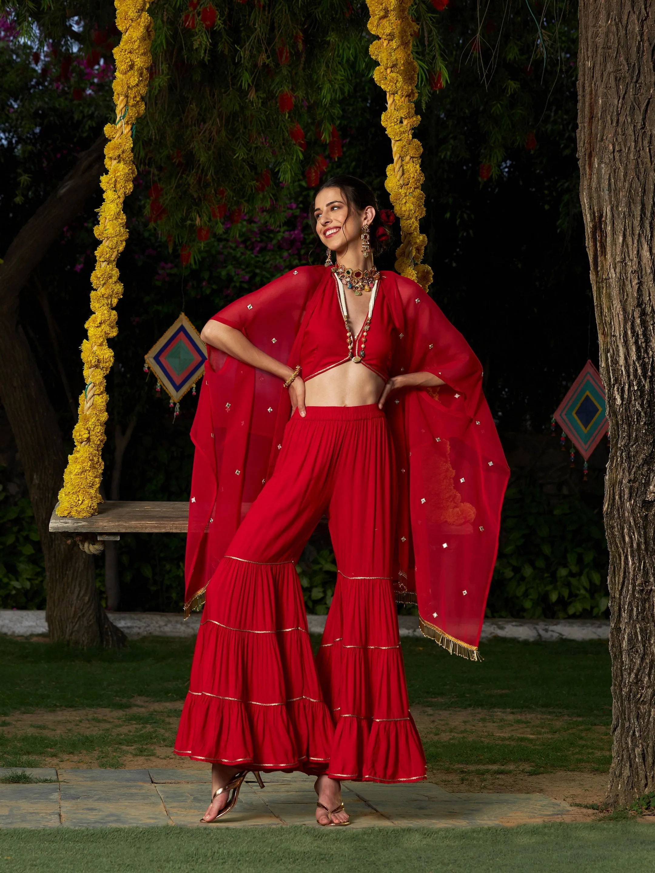 Women Red Crop Top With Tiered Sharara And Emb Cape