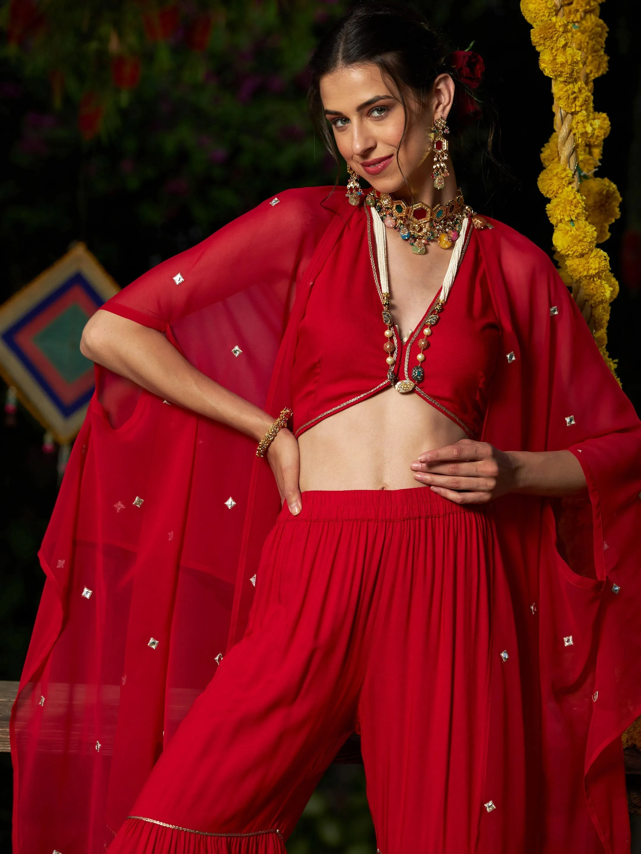 Women Red Crop Top With Tiered Sharara And Emb Cape