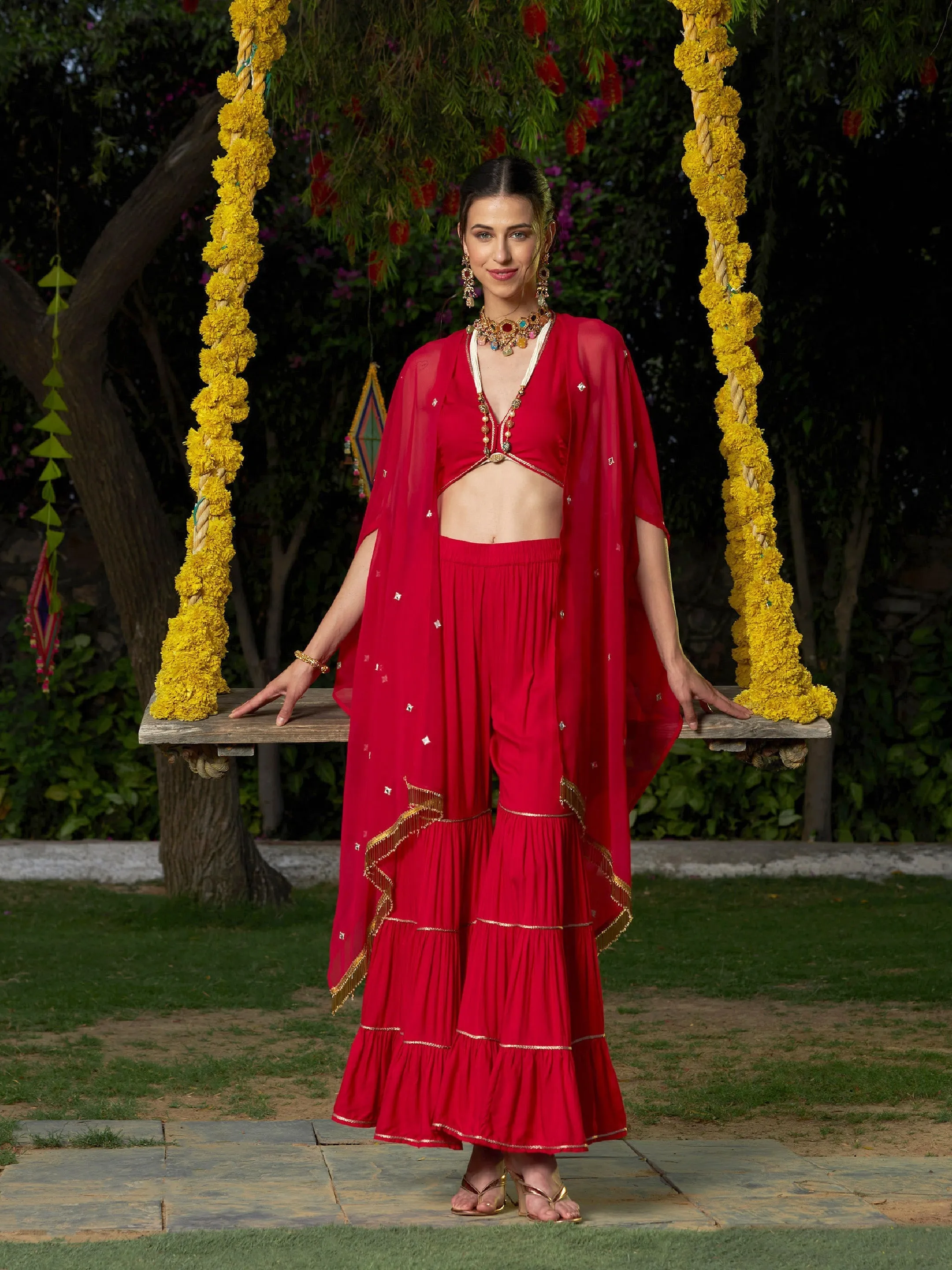 Women Red Crop Top With Tiered Sharara And Emb Cape