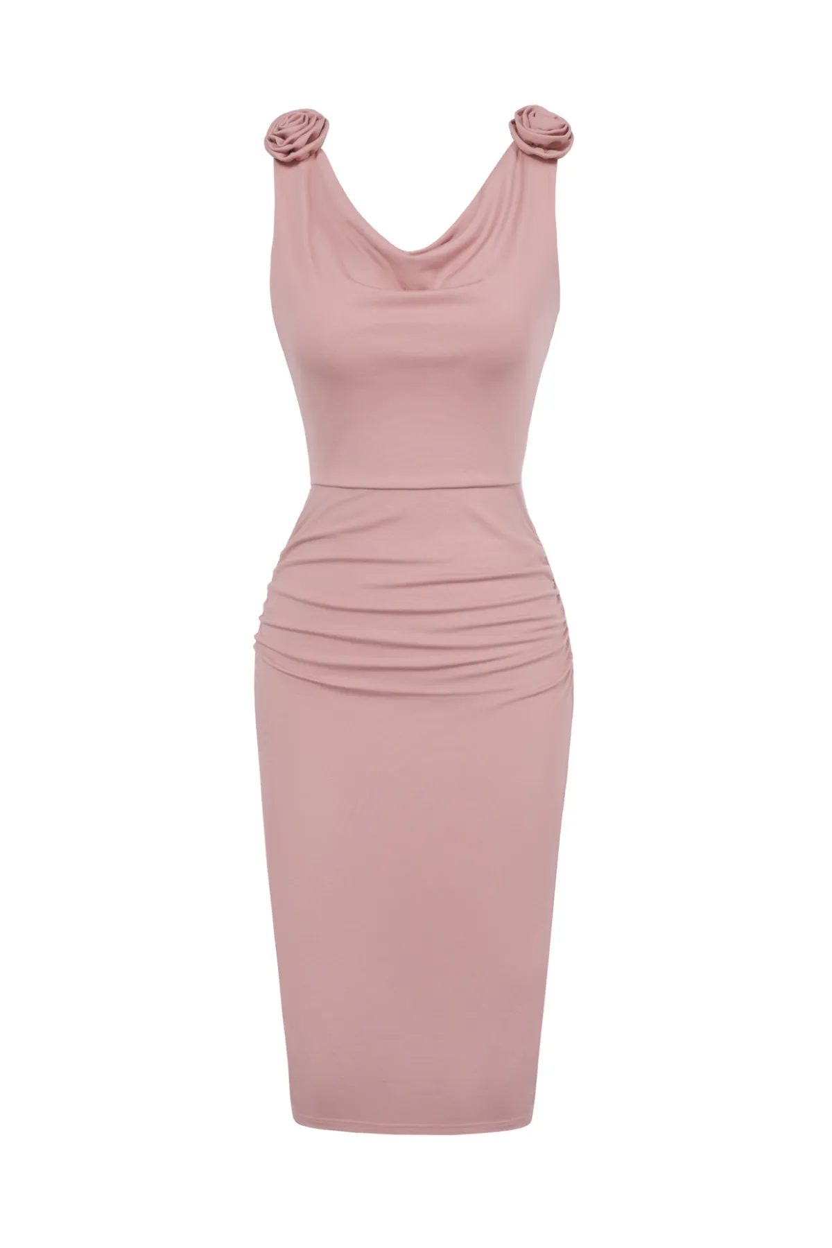 Women Ruched Bodycon Dress Casual Sleeveless Cowl Neck Back Slit Dress