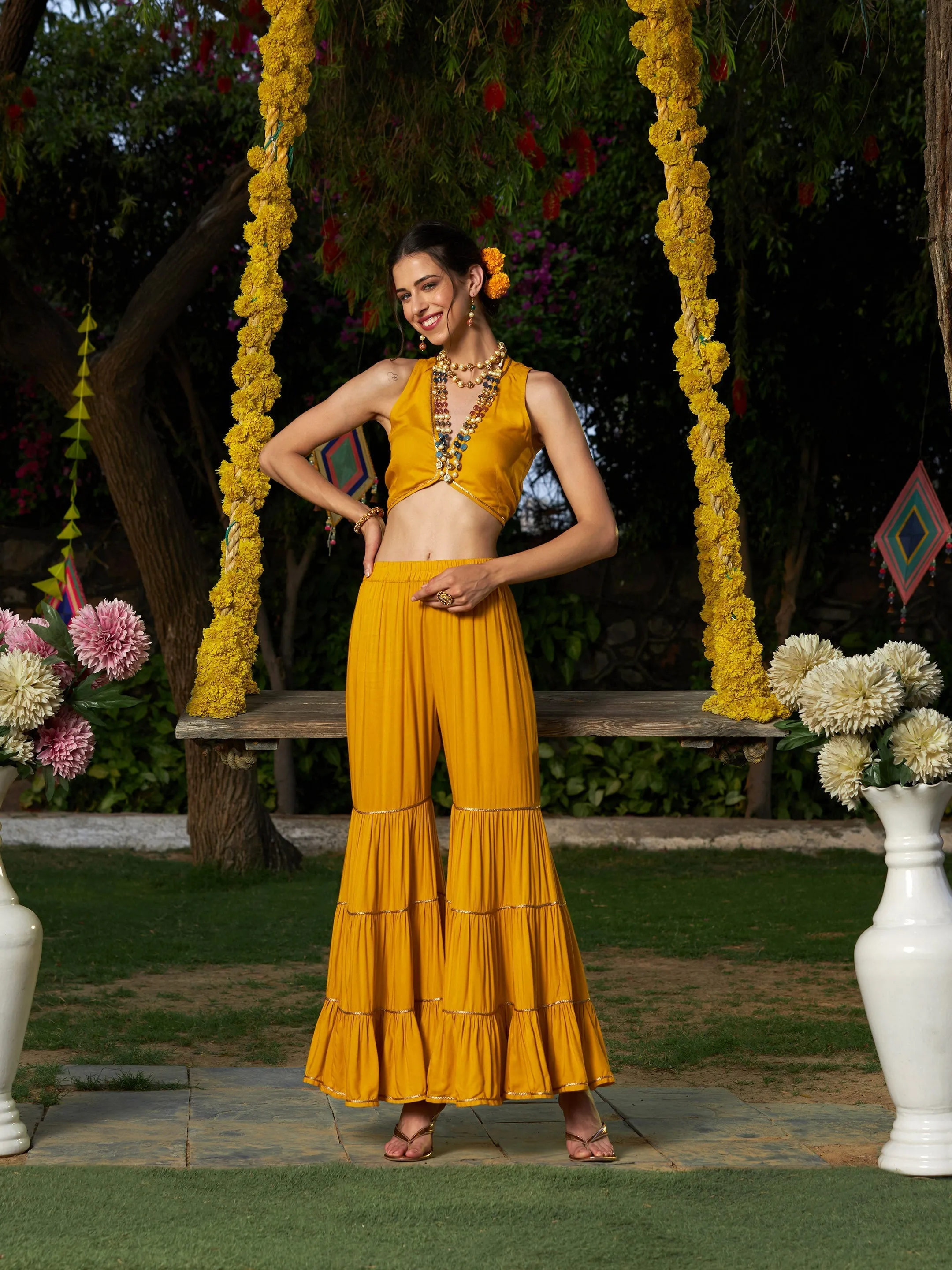 Women Yellow Crop Top With Tiered Sharara And Emb Cape