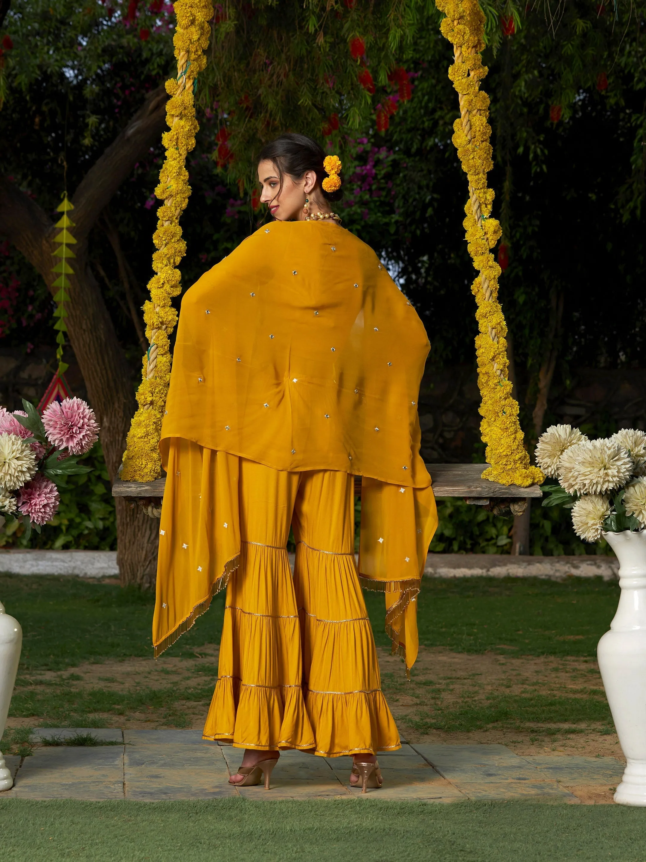 Women Yellow Crop Top With Tiered Sharara And Emb Cape