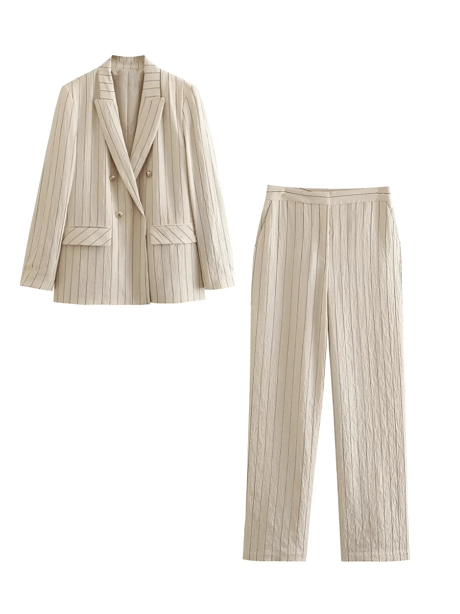 Women's Double Breasted Pocket Blazer   Straight Wide Leg Pants Set