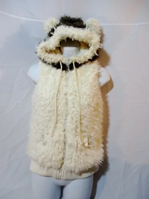 Womens ME JANE Faux Fur Shaggy Hoodie Vest Coat Jacket BEAR M White Brown