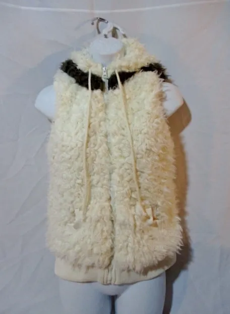 Womens ME JANE Faux Fur Shaggy Hoodie Vest Coat Jacket BEAR M White Brown