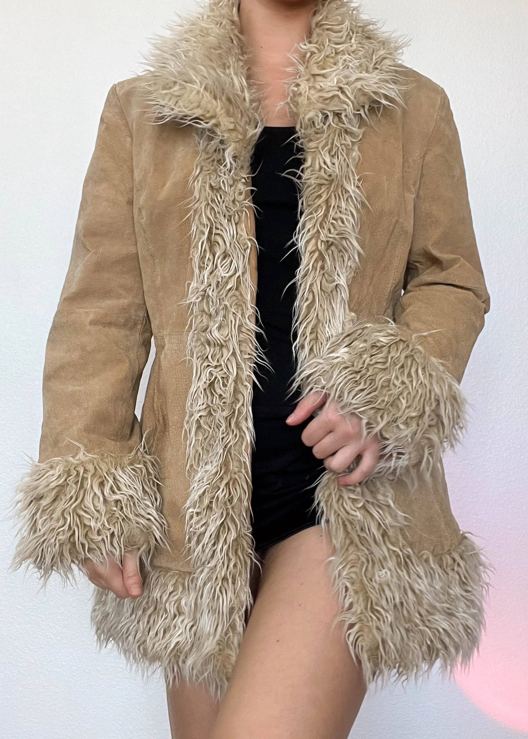 Y2k Tan Fur Trim Suede Coat (M)