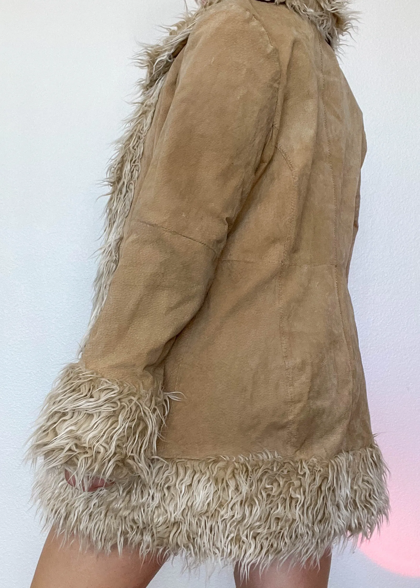 Y2k Tan Fur Trim Suede Coat (M)