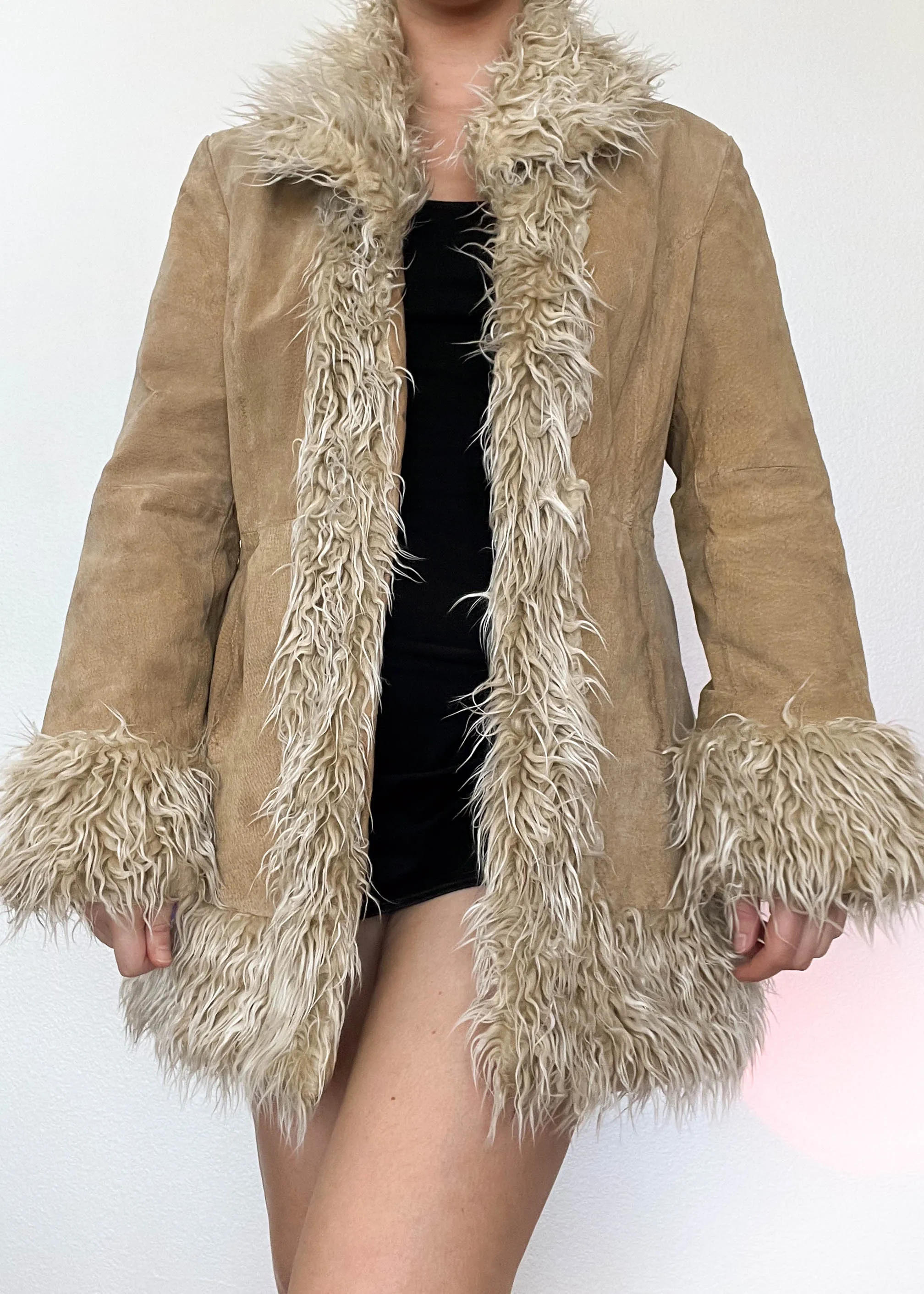 Y2k Tan Fur Trim Suede Coat (M)