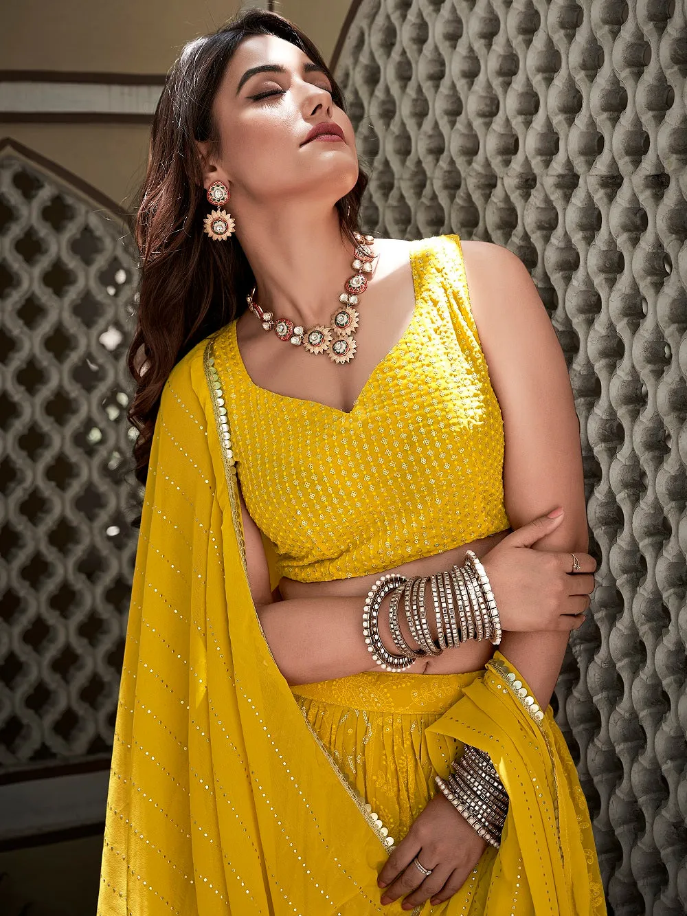 Yellow Color Lucknowi Thread & Sequins Embroidery Work Georgette Lehenga Choli