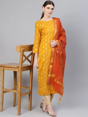 Yellow Ochre Gold Floral Printed Straight Kurta Set & Solid Light Beige Straight Pants With Orange Chandri Dupatta